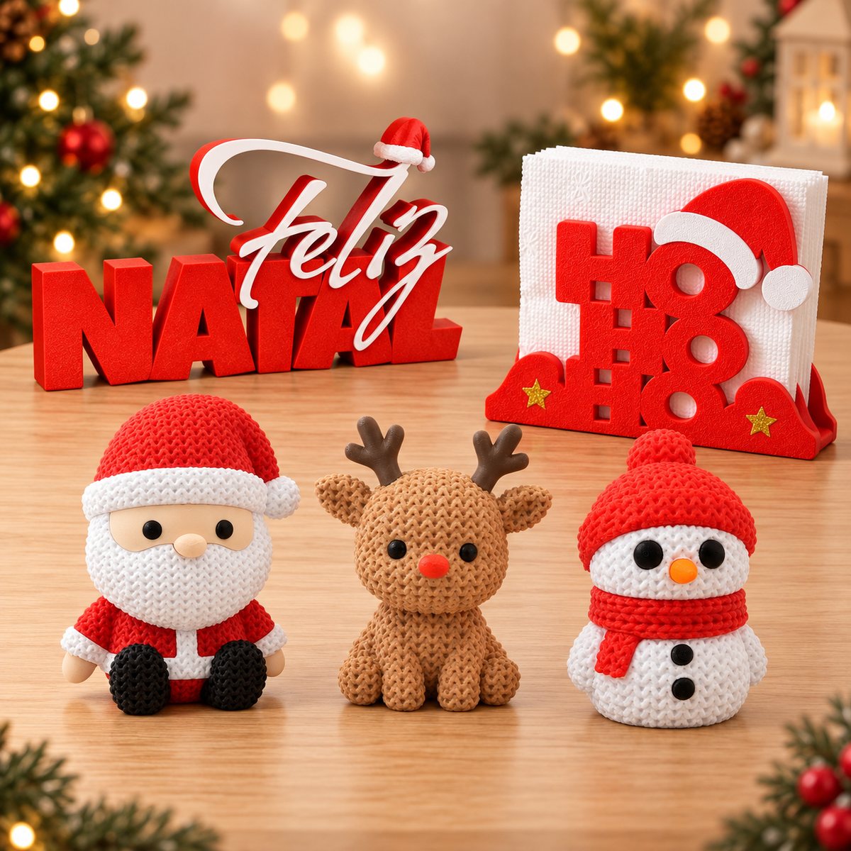 Kit de Natal: letreiro Feliz Natal, porta-guardanapo HO HO HO, Papai Noel, rena e boneco de neve